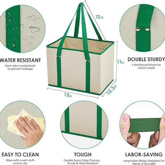 3Pack Reusable Grocery Bags w/ Reinforced Bottom & Handles(1-Tote + 2-Insulated) - Picture 8 of 13